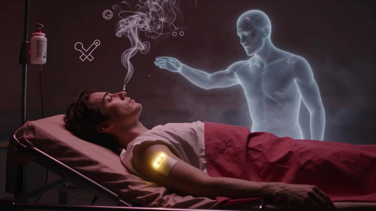 Patient on hospital gurney as morphine turns to smoke and tapentadol/fentanyl glow beside them, symbolizing opioid rotation.