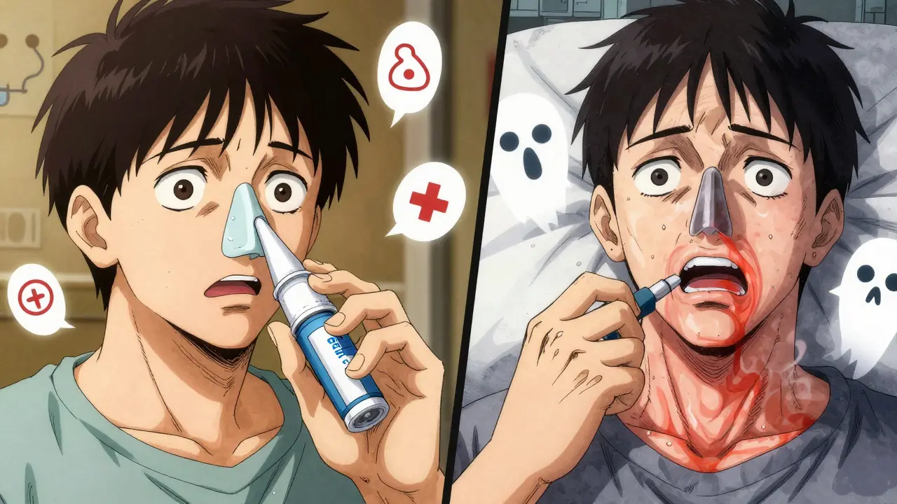 Patient using nasal anaphylaxis spray while holding backup injector, medical icons floating nearby.