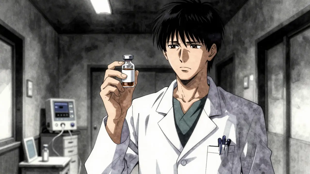 Pediatrician holding medication vial looking concerned in hallway