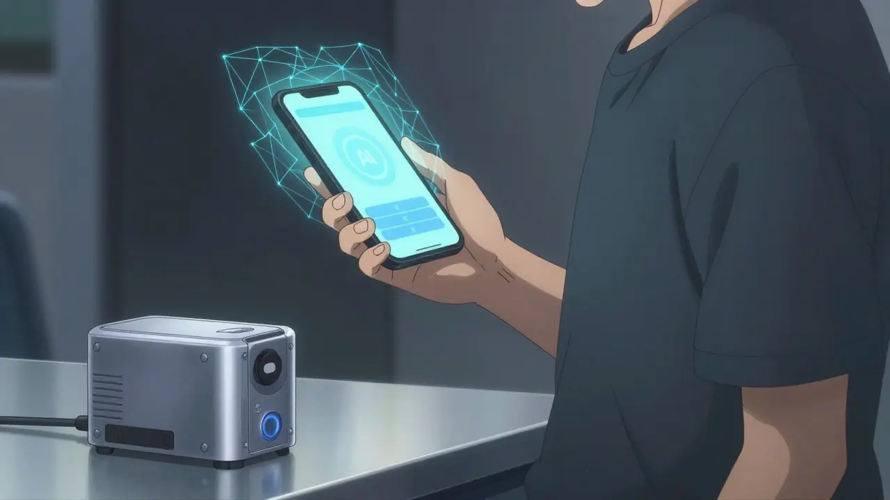 Person viewing health tracking application on smartphone with glowing interface