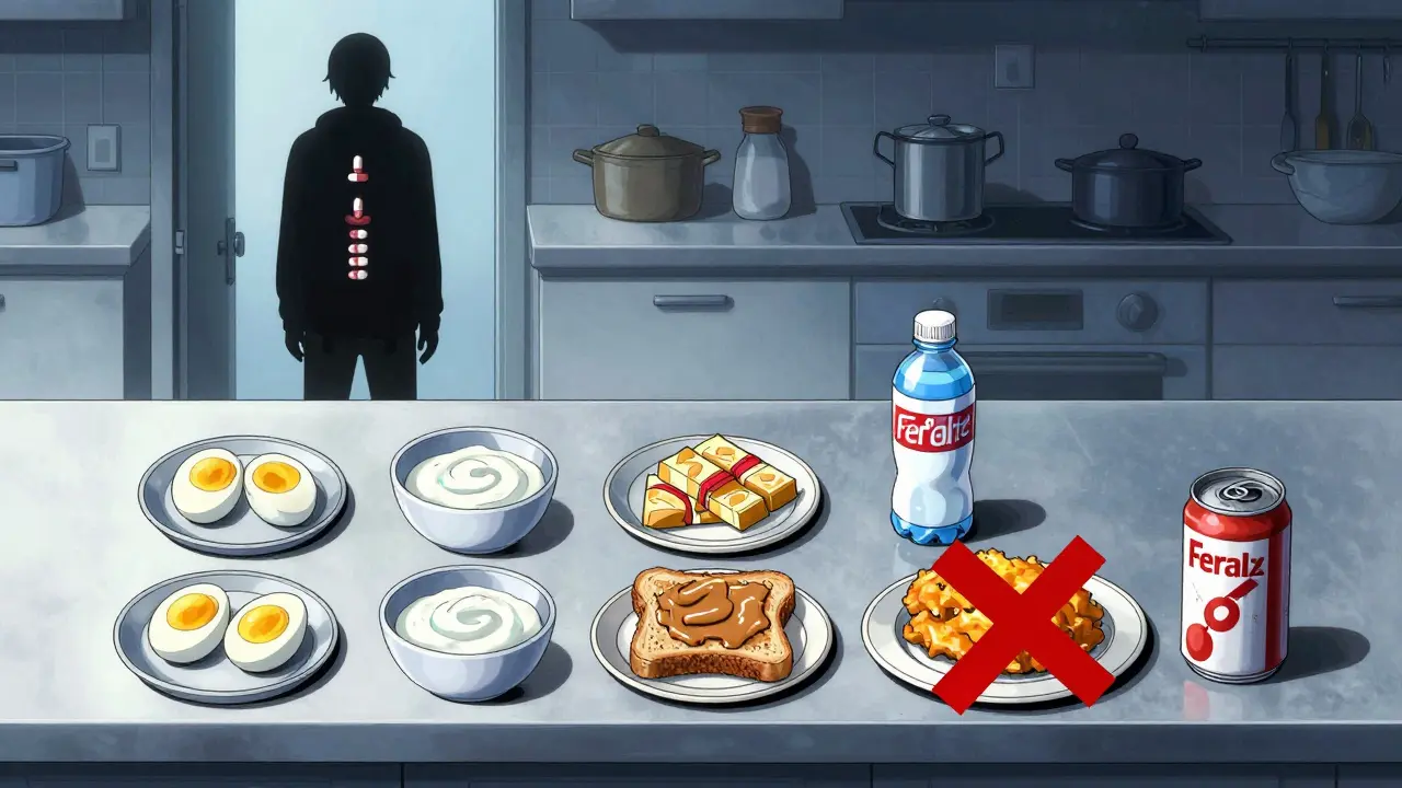 Six small, healthy meals arranged on a counter, with unhealthy foods crossed out, under cold blue lighting.