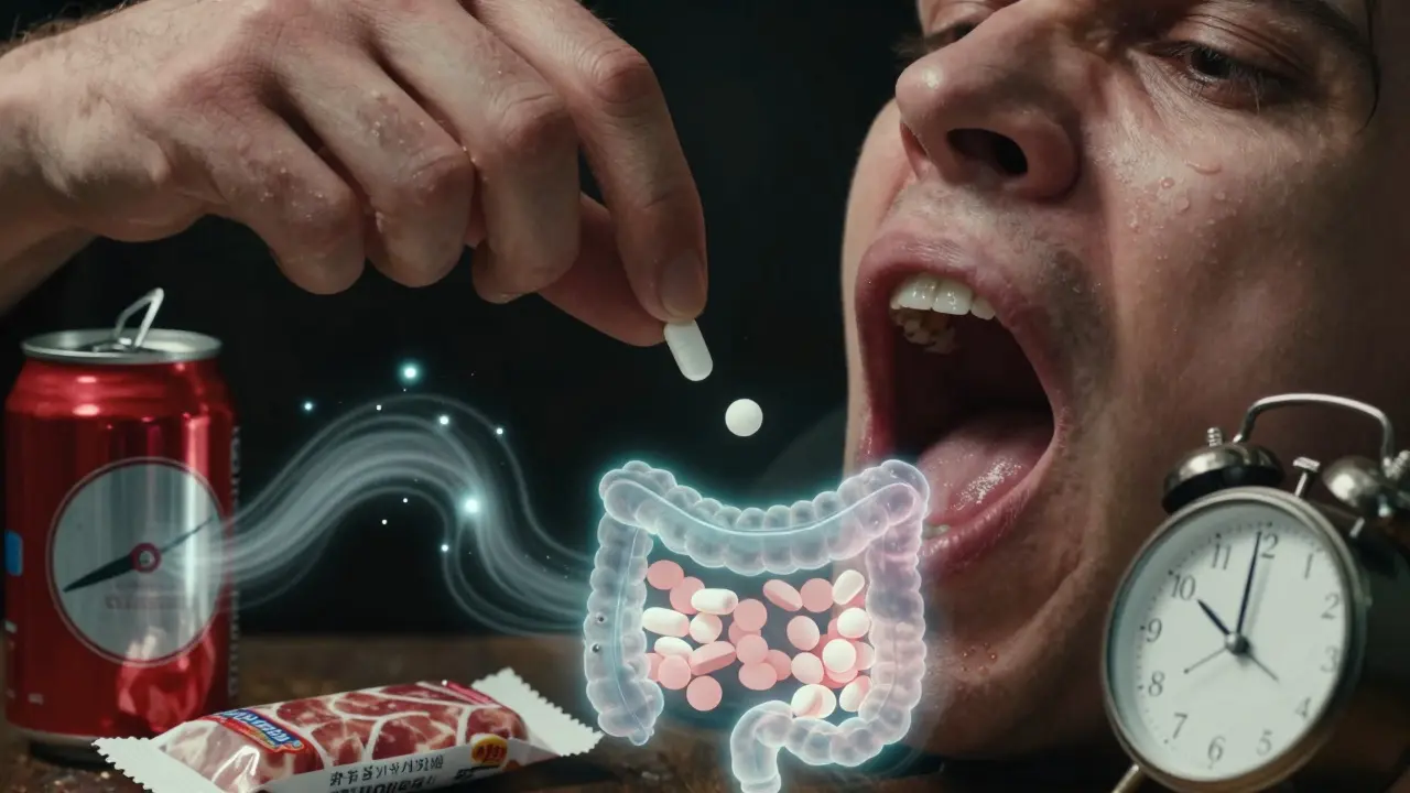 Trembling hands taking calcium tablets while phosphorus particles rise from soda and processed meat nearby.