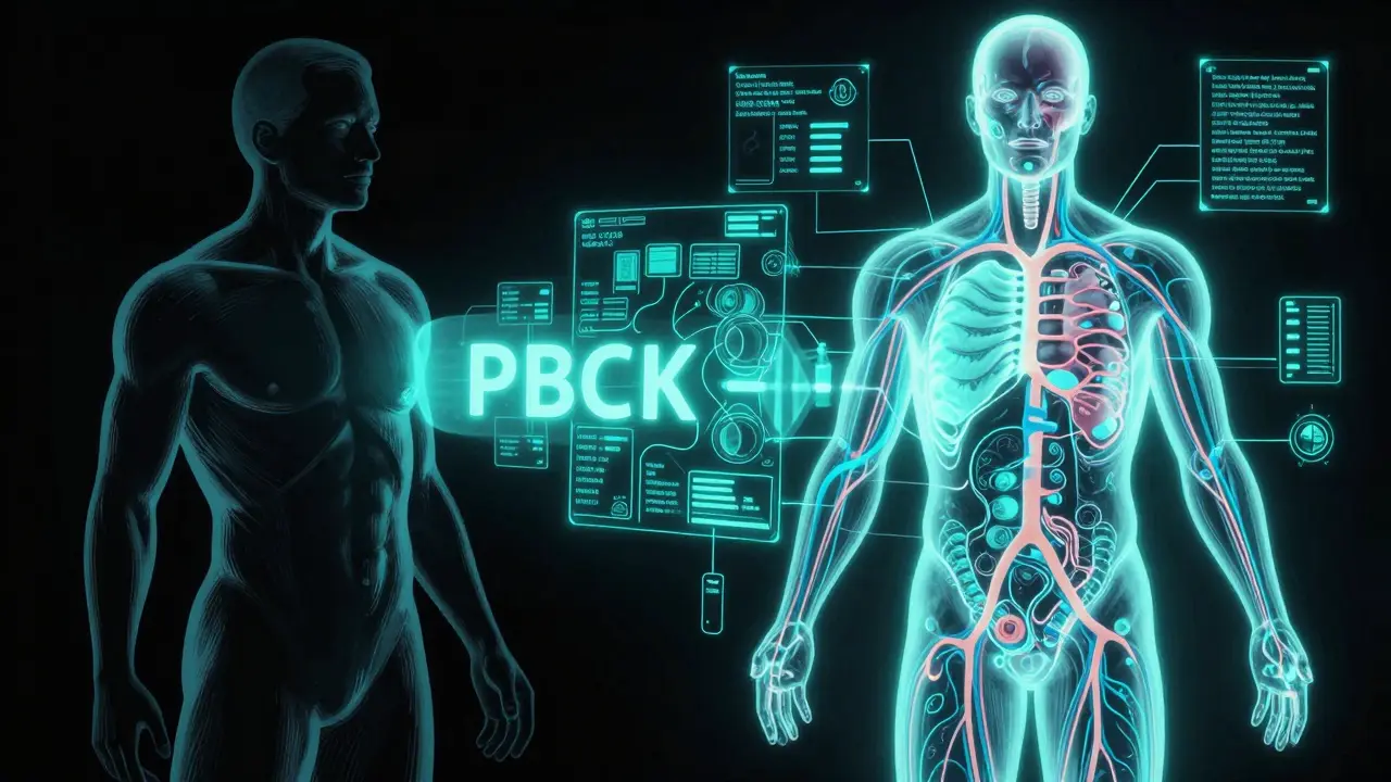 A human silhouette beside a digital holographic model for AI drug testing