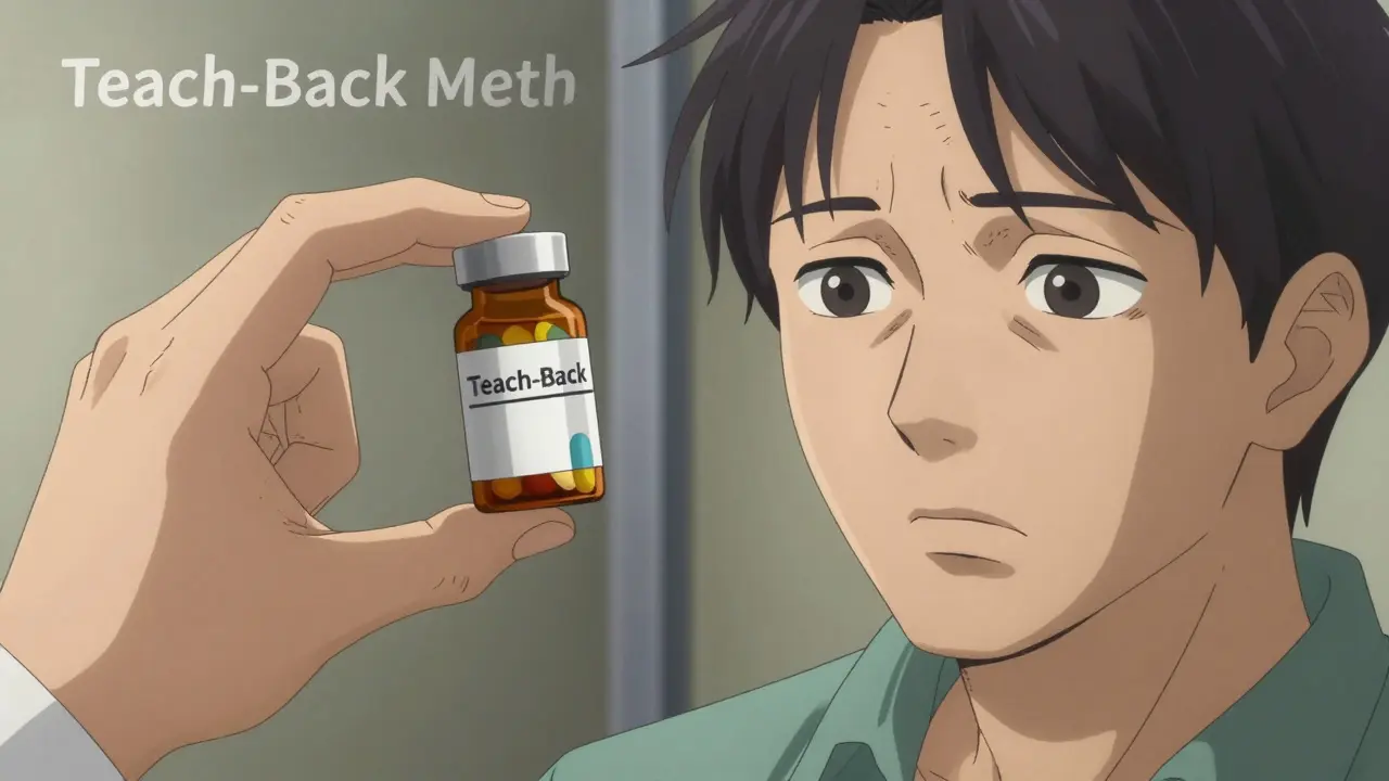 Close-up of a pharmacist showing medication to a patient who looks thoughtful and questioning.