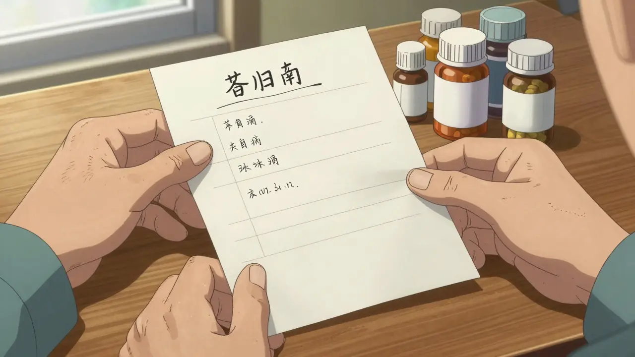 Close-up of elderly hands holding a medication list and pill bottles in Gekiga style.