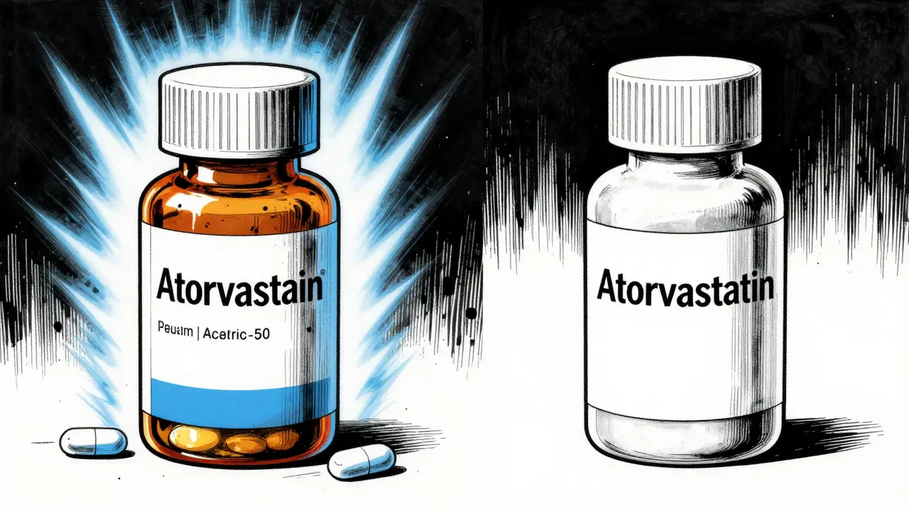 Comparison between a brand-name and generic medication bottle in high-contrast manga art.
