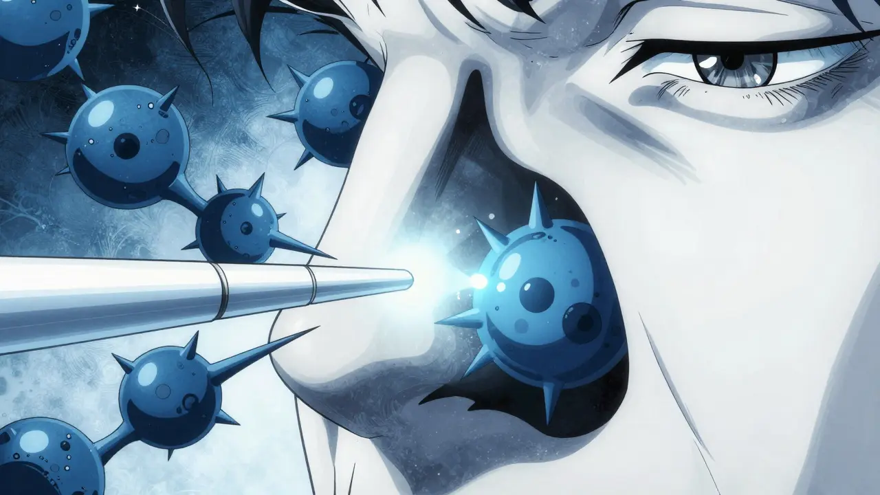 Conceptual view of nasal antihistamine spray blocking histamine molecules