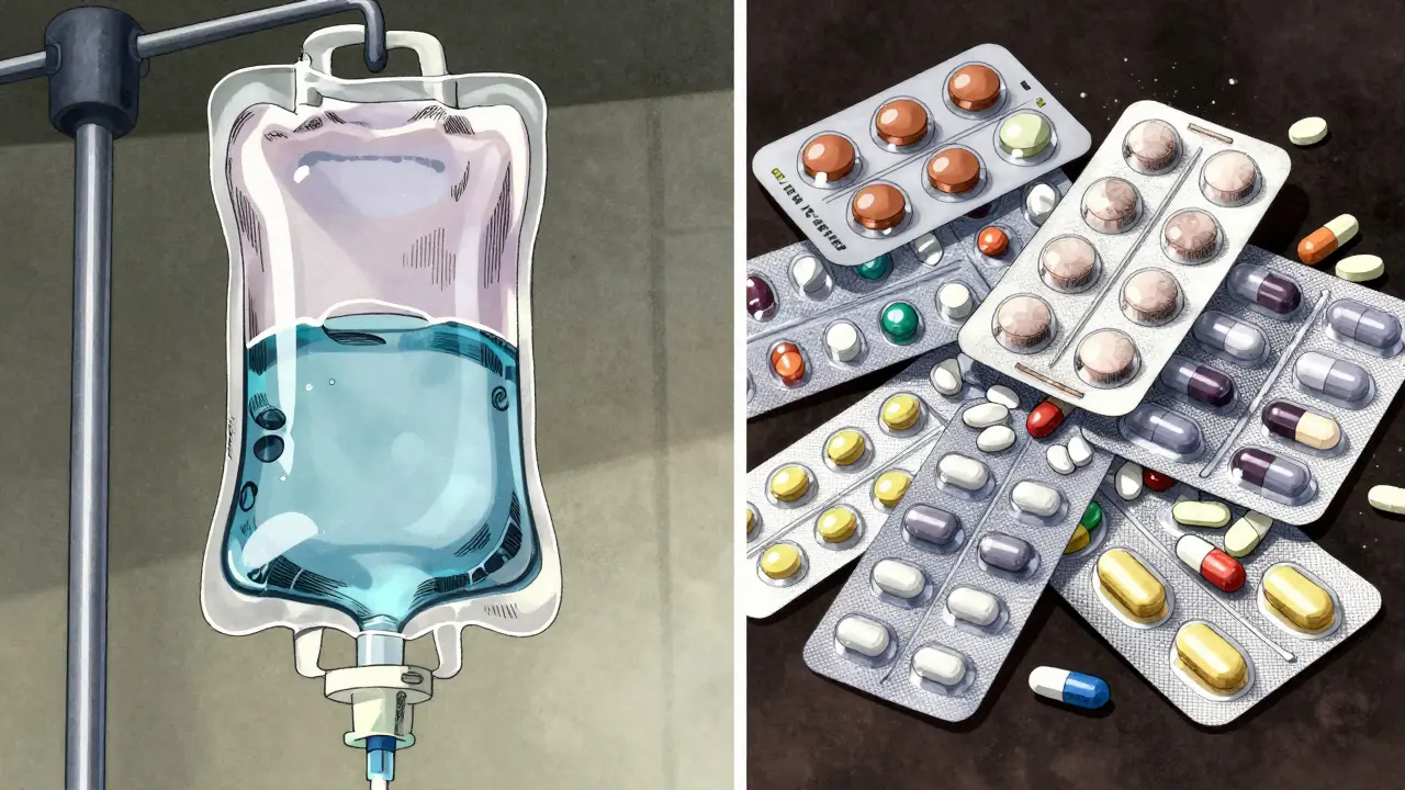 Detailed Gekiga style split-screen showing an IV drip and various medication pills.