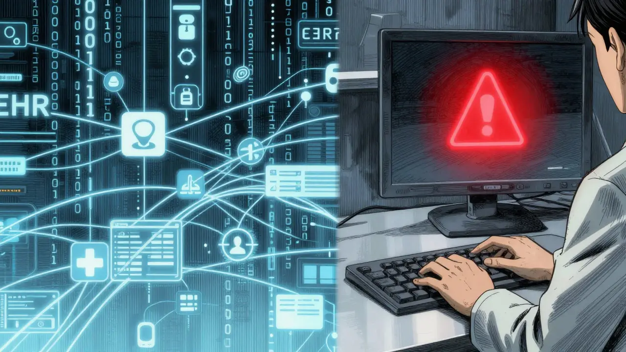 Digital data flow and a red warning alert on a computer screen in a pharmacy