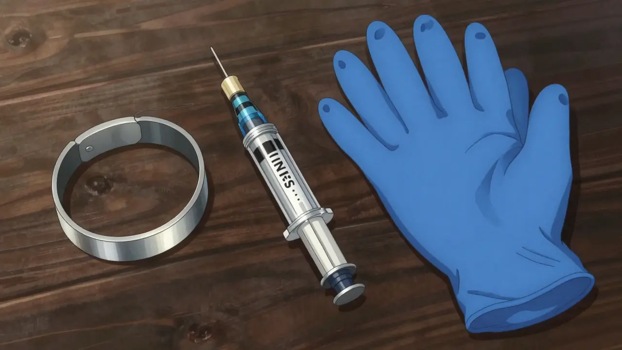 Epinephrine auto-injector, medical alert bracelet, and nitrile gloves