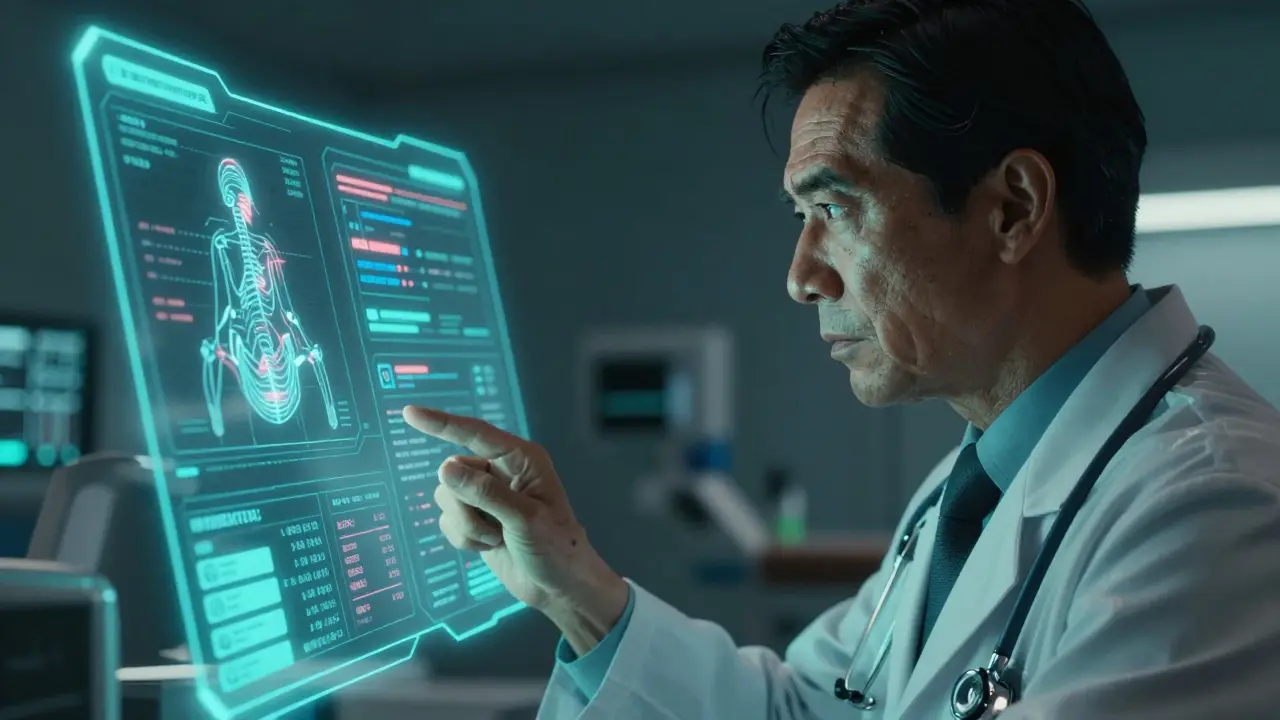Gekiga style depiction of a doctor using AI holographic data for patient care