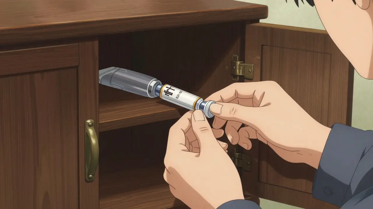 Gekiga style illustration of a person storing a medication tube in a dry, dark cabinet.