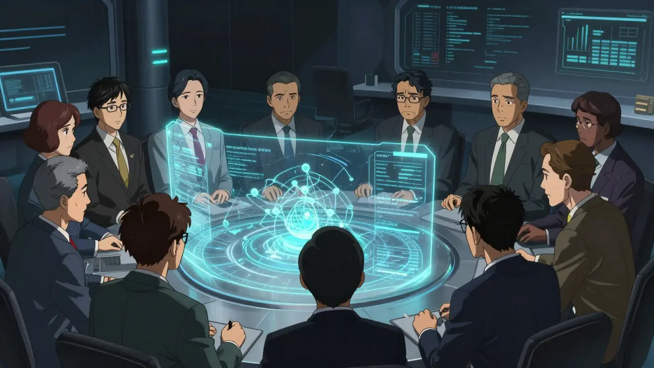 Gekiga style scene of a professional team using a holographic AI system for legal compliance.