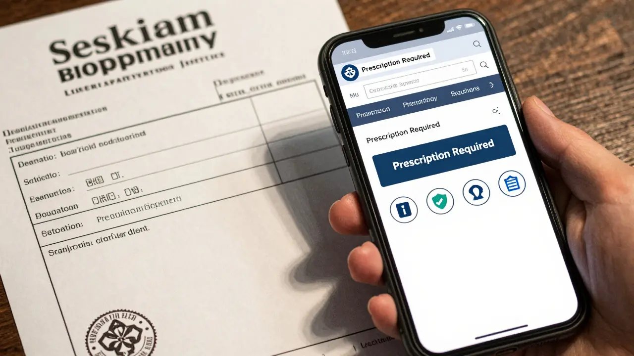 Gekiga style split image of a medical prescription and a secure online pharmacy website.