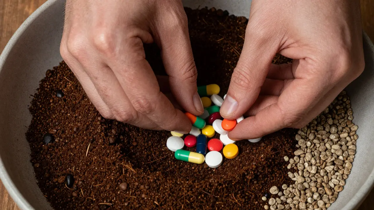Hands mixing old pills with coffee grounds for safe disposal