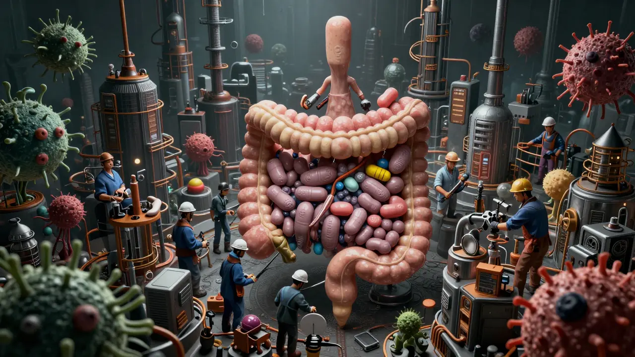 Microscopic view of the gut microbiome depicted as a gritty industrial city with specialized bacteria