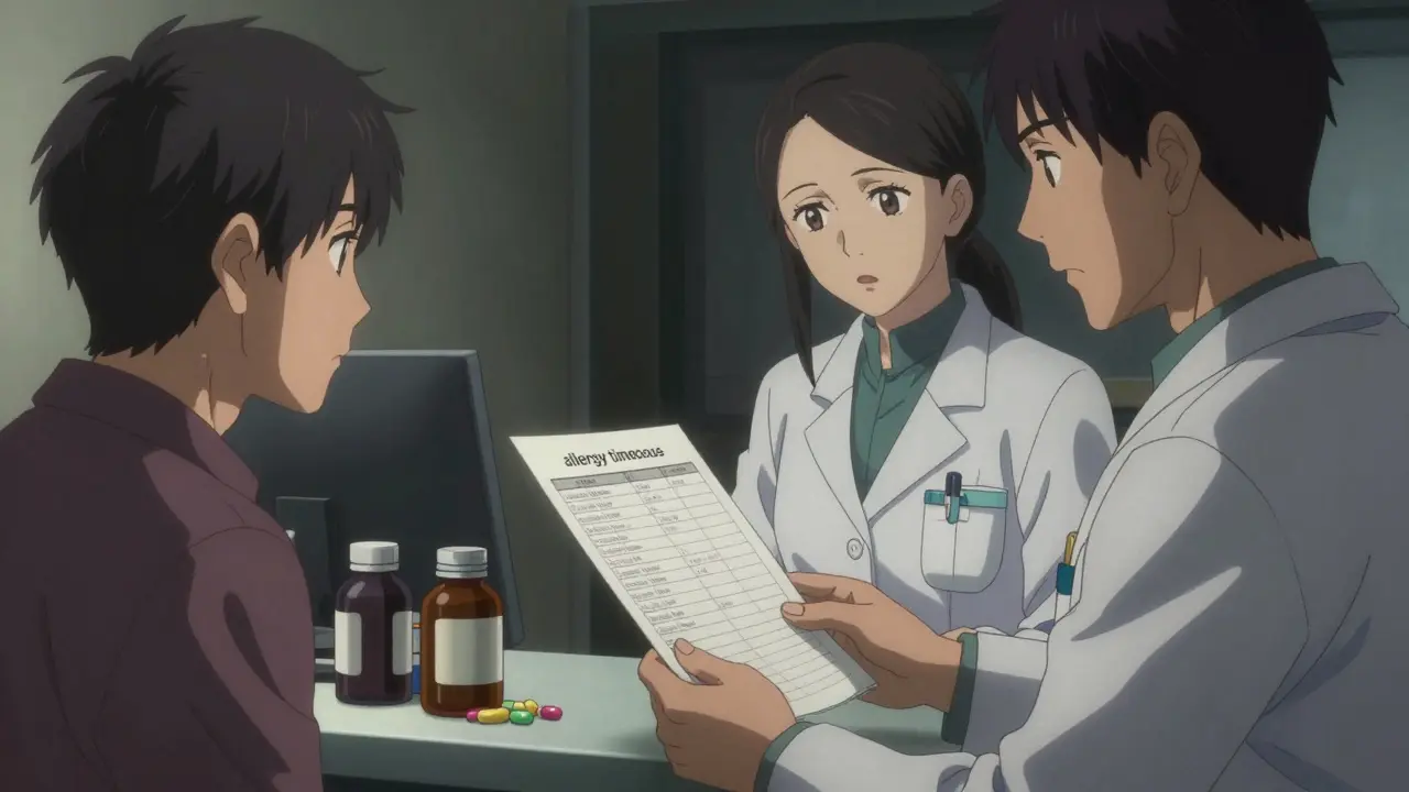 Patient and pharmacist discussing a medication list during a safety timeout