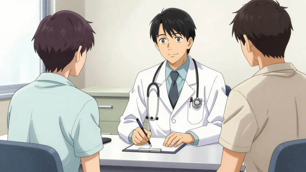 Patient consulting with a doctor in a professional clinic setting.