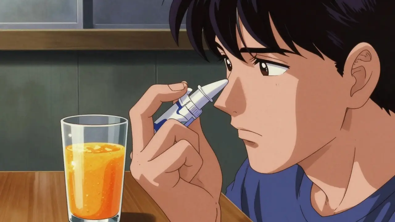 Person correctly applying a nasal spray with a glass of orange juice nearby