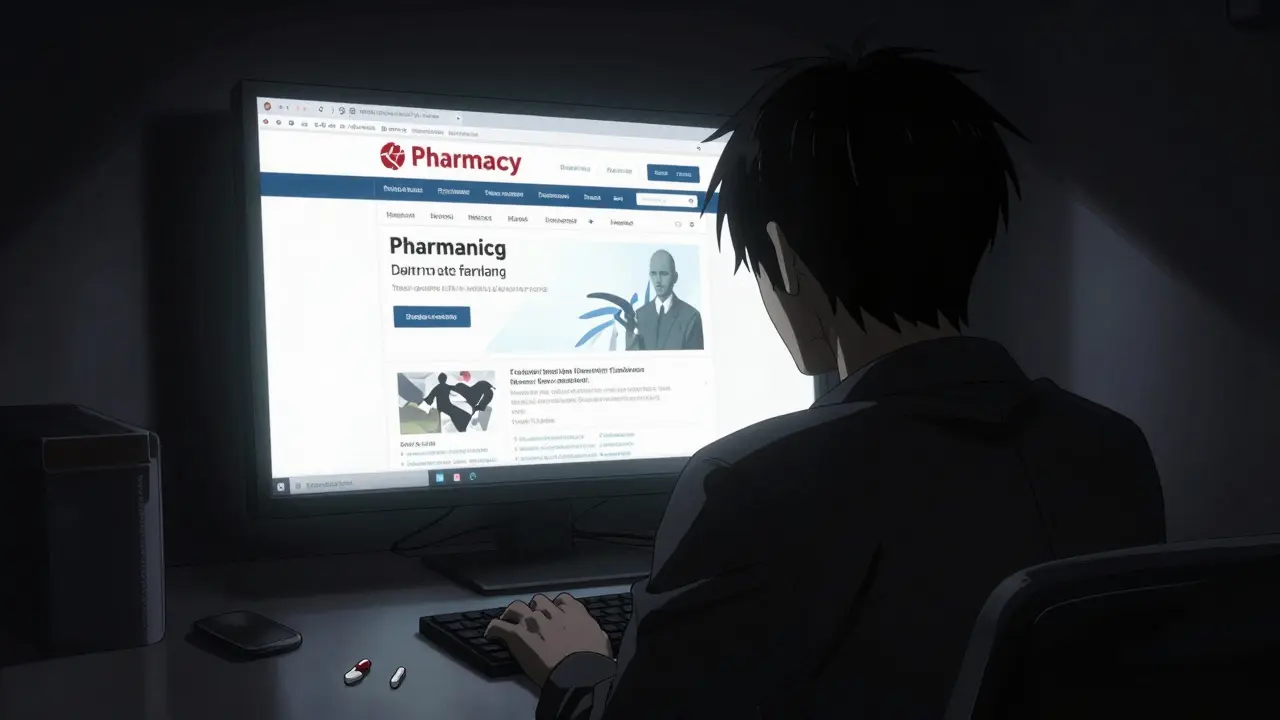 Person looking at a suspicious website in a dark, moody room.