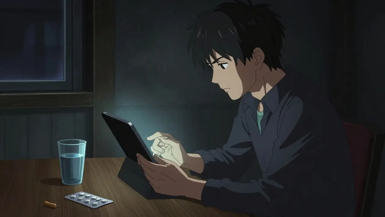 Person using a tablet to order affordable generic medication online in a moody anime style.