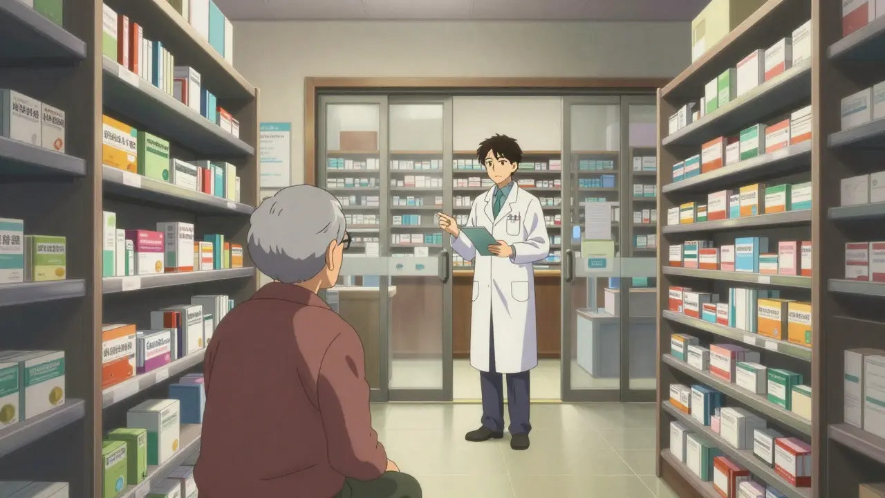 Pharmacist providing careful medication counseling to an elderly patient in a detailed pharmacy setting.
