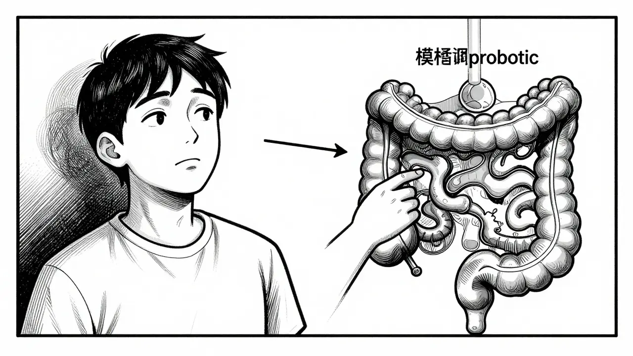 Split image showing a recovering patient and a detailed scientific blueprint of the gut microbiome