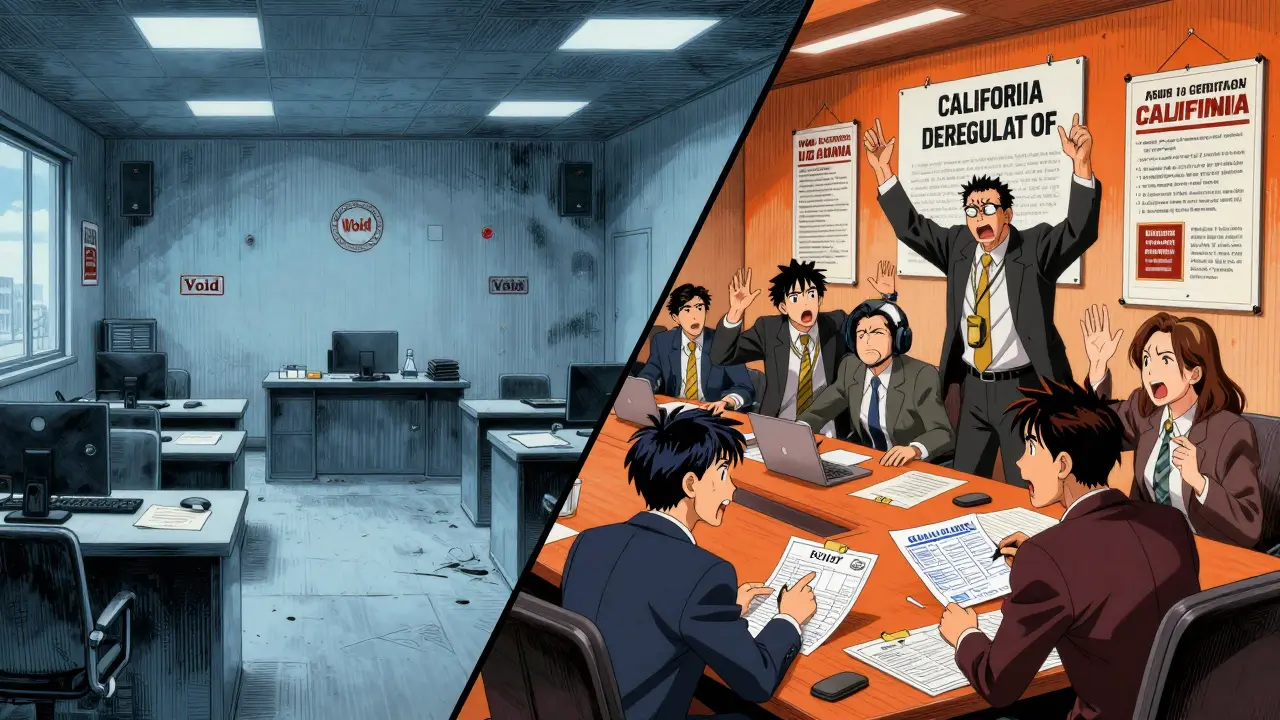 Split screen Gekiga illustration showing the contrast between federal and California regulatory environments.