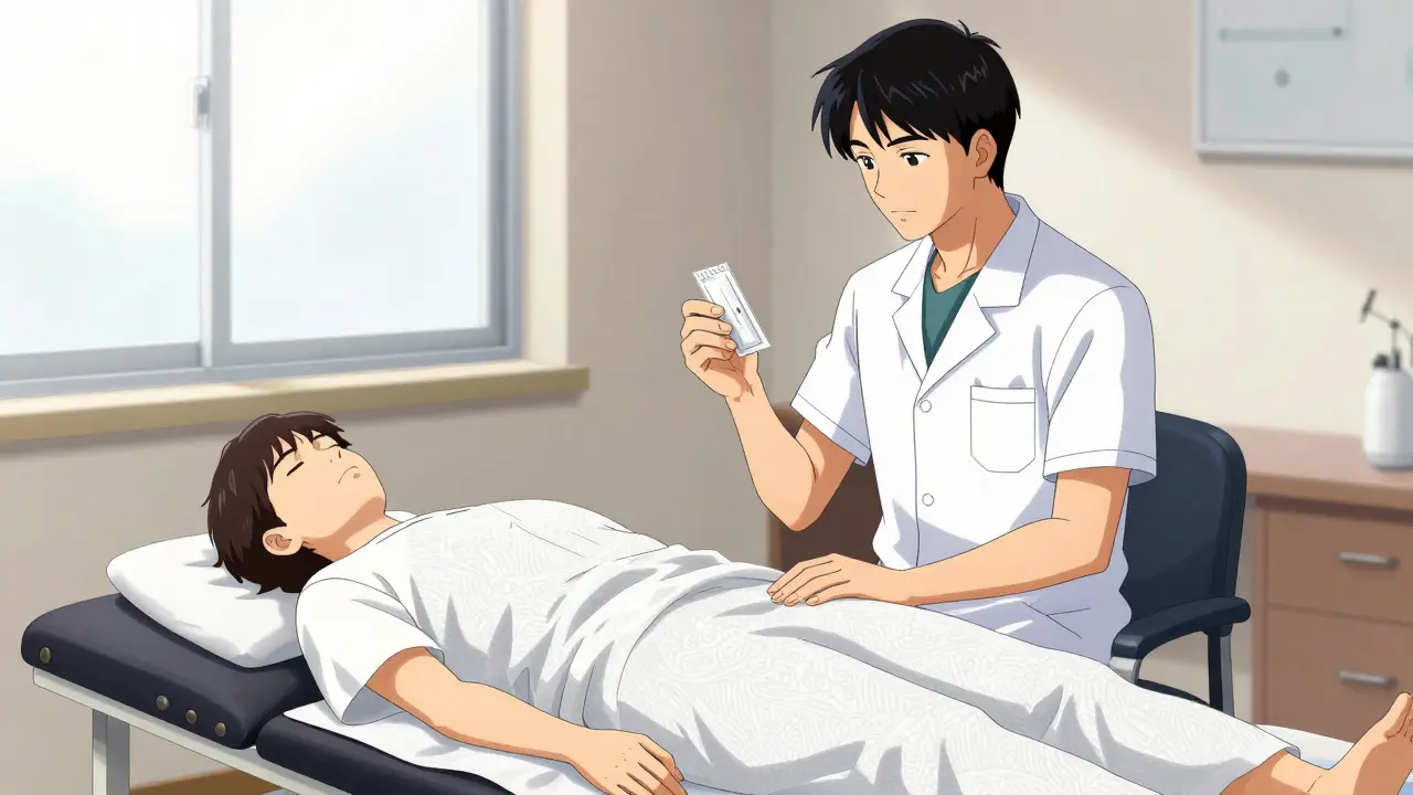 A calm clinical scene with an acupuncturist and patient in detailed Gekiga style.