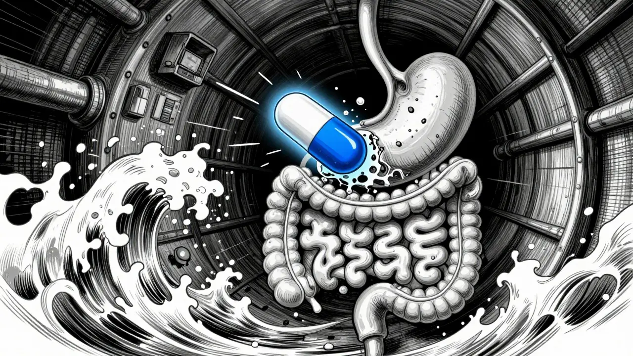 Abstract Gekiga art showing pill dissolving in stomach acid