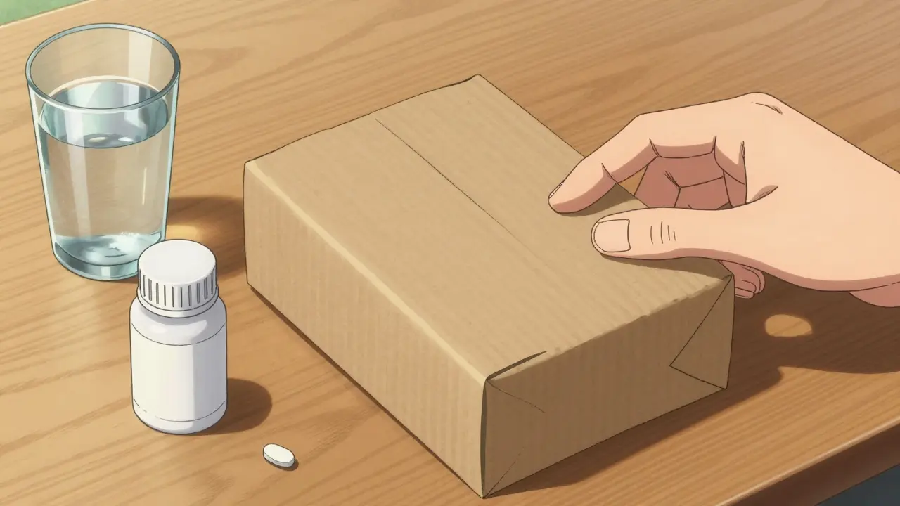 Discreet medicine package on table with hand reaching out