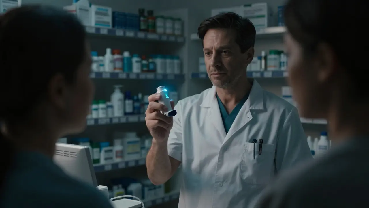 Doctor showing a smart inhaler sensor to a patient in a dim pharmacy