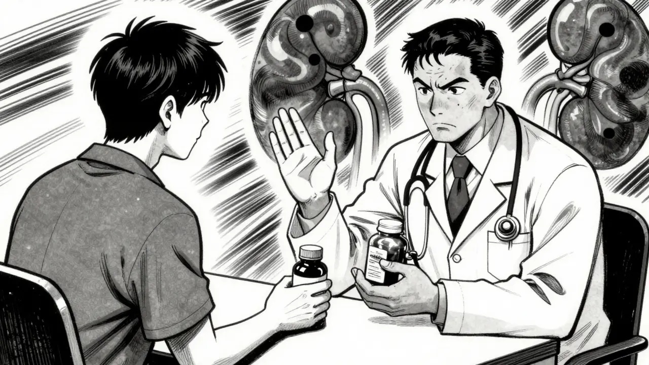 Doctor stopping a patient from taking supplements, emphasizing medical consultation and safety monitoring.