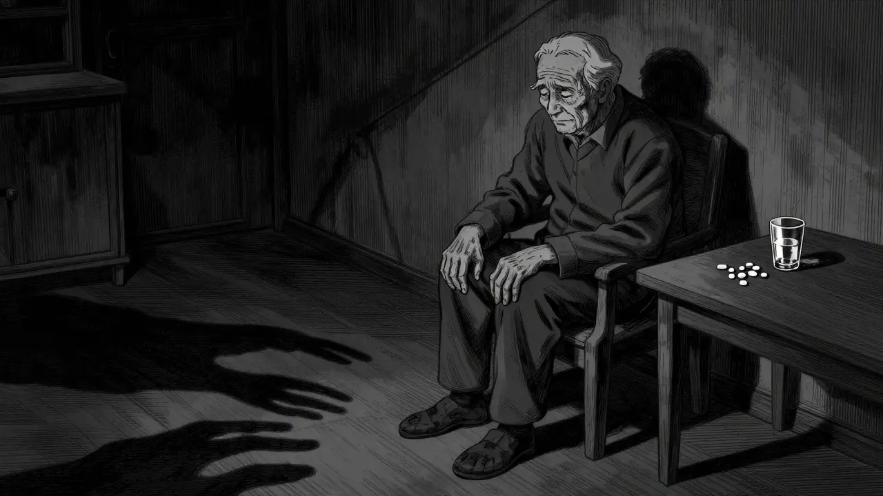 Elderly person alone with scattered pills in dark, moody Gekiga art