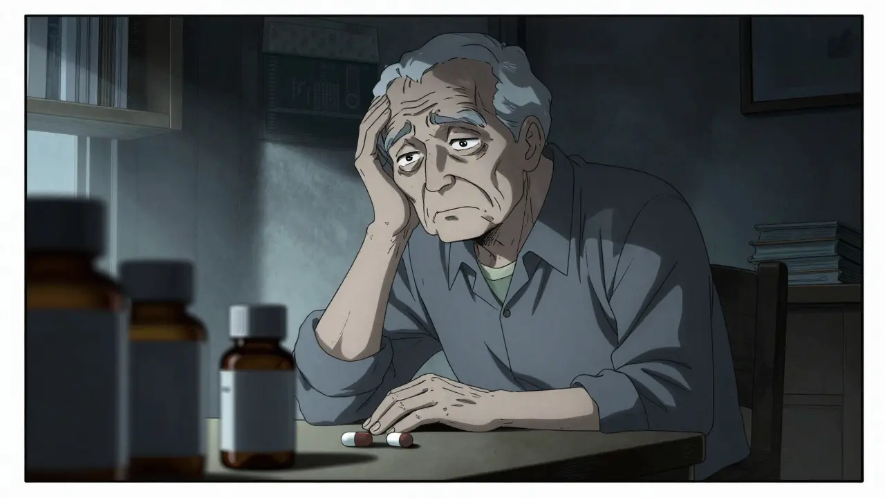 Elderly person looking tired and confused in a shadowy room with pills nearby, illustrating hypercalcemia symptoms.