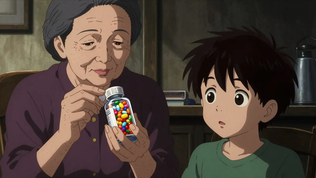 Grandparent holding candy-like pills near a curious child