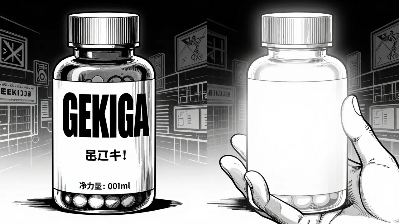 Hand choosing generic pill bottle over branded one, high-contrast manga art.