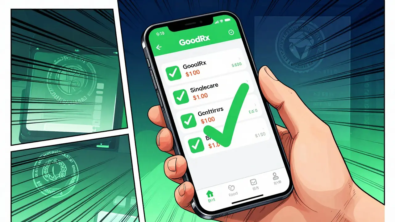 Hand holding phone with discount app showing savings in manga style