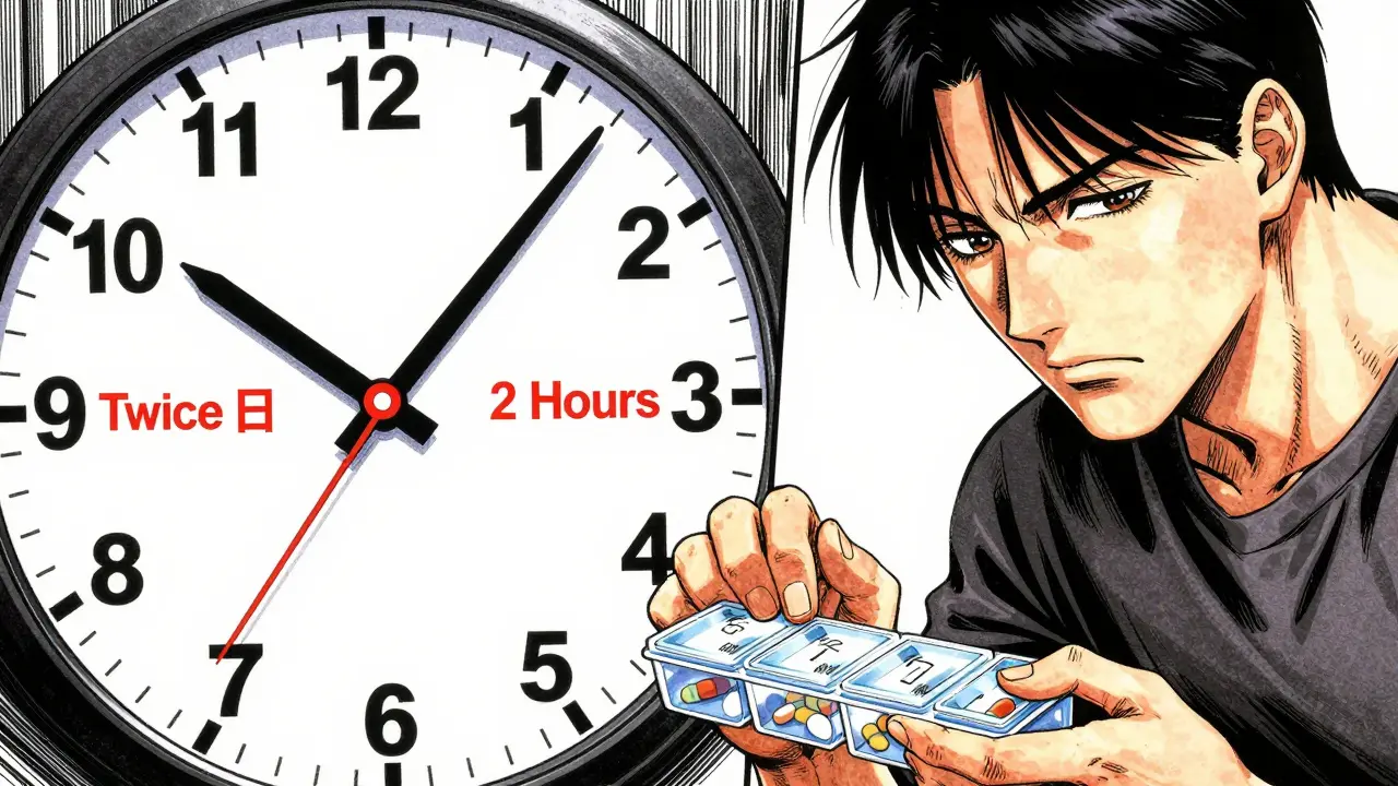 Manga style split image showing clock and pills representing dosage timing risks