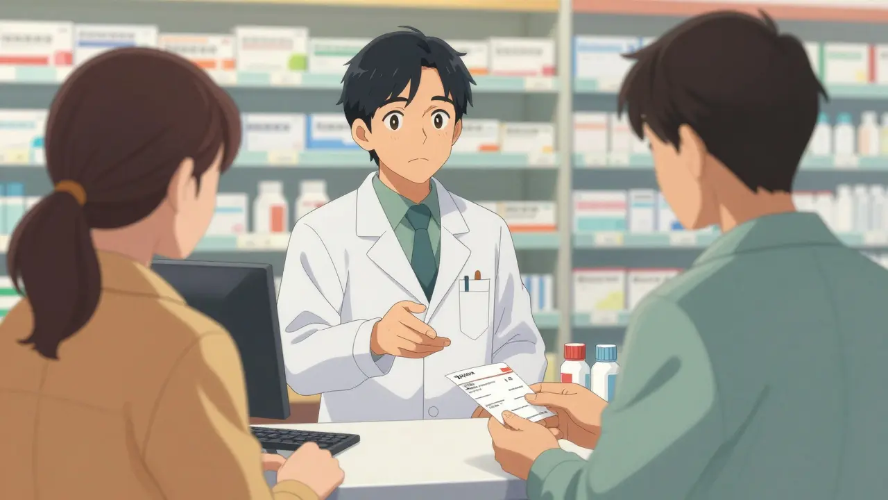 Pharmacist explaining prescription details to a patient in a pharmacy setting