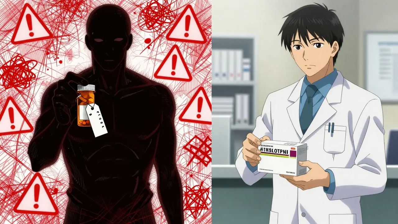 Split image comparing unsafe vs safe online pharmacy options