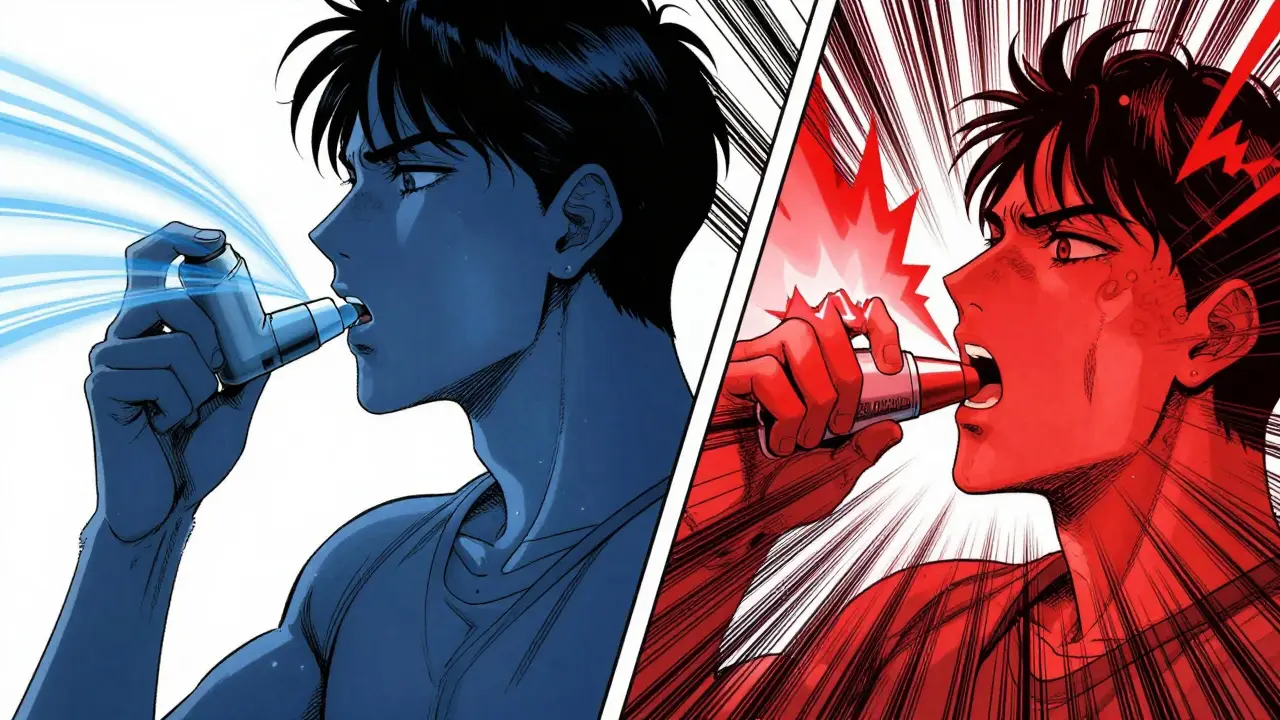 Split image contrasting smooth vs forceful breathing techniques for inhalers