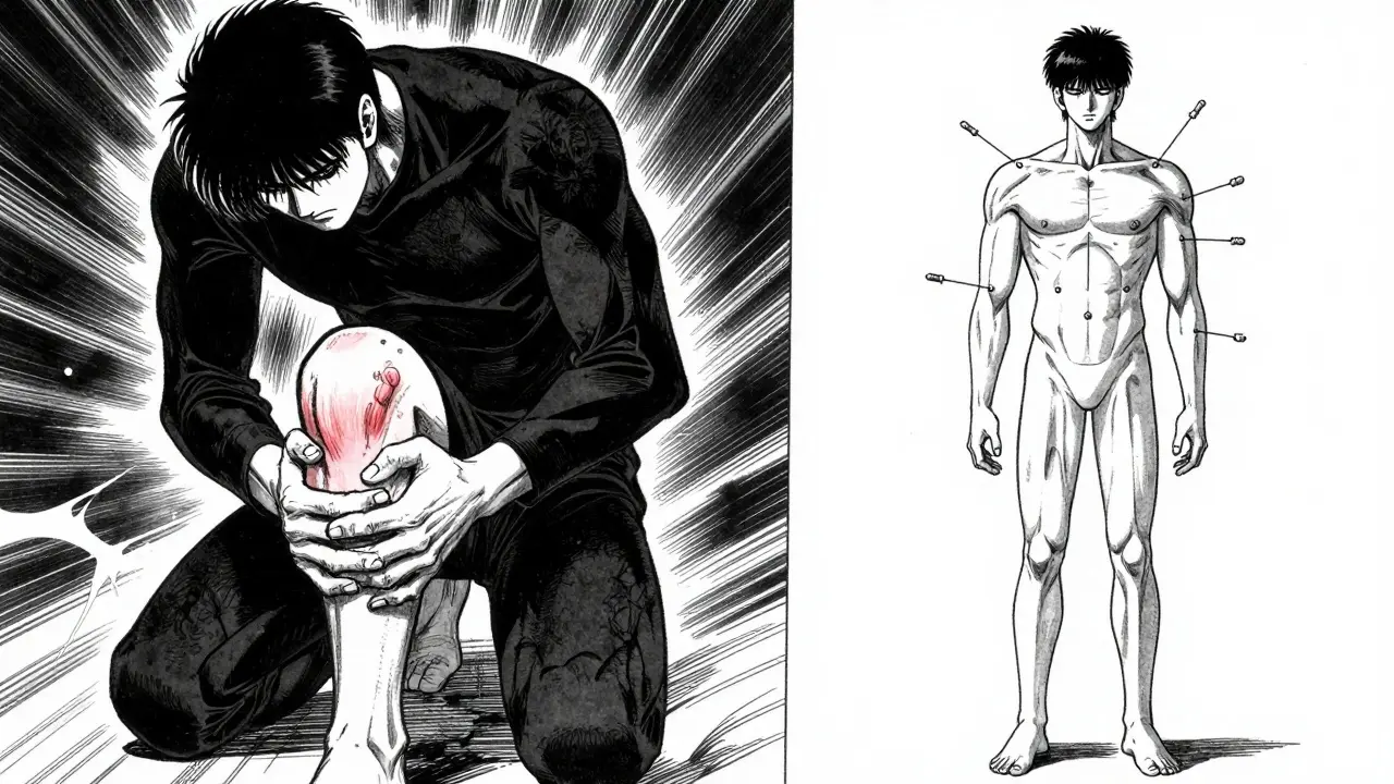 Split-panel manga art showing a patient transitioning from pain to relief via acupuncture.