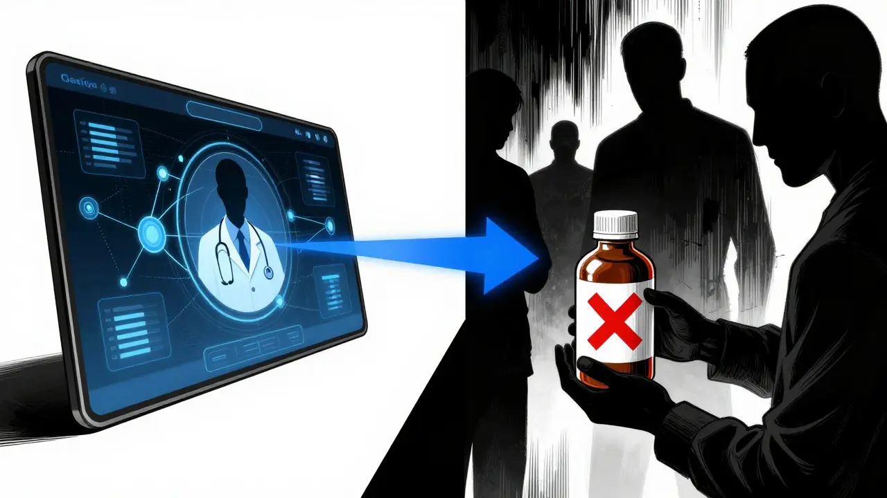 Split scene of safe telehealth vs scam warnings in Gekiga art