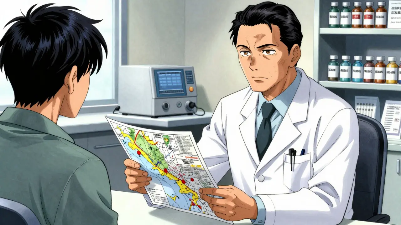 Travel doctor consulting with patient using maps in clinic