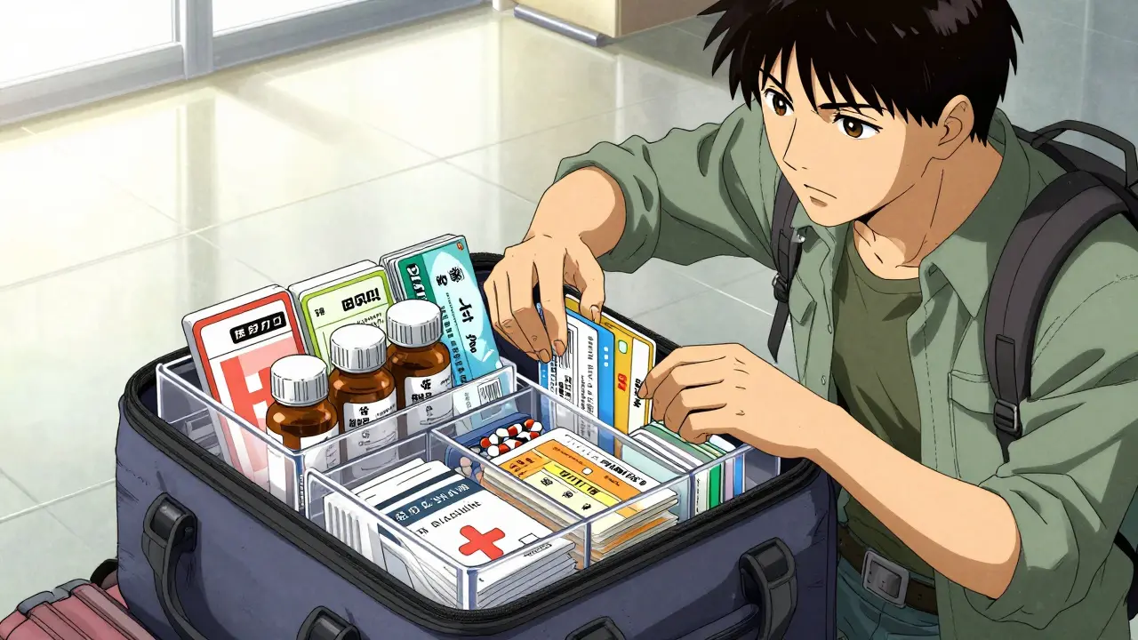 Traveler packing organized medication kit in carry-on bag