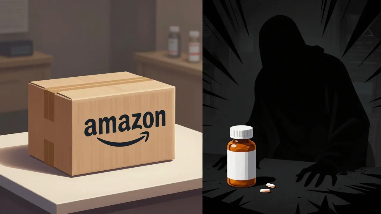 Contrast between safe delivered package and dangerous fake pills