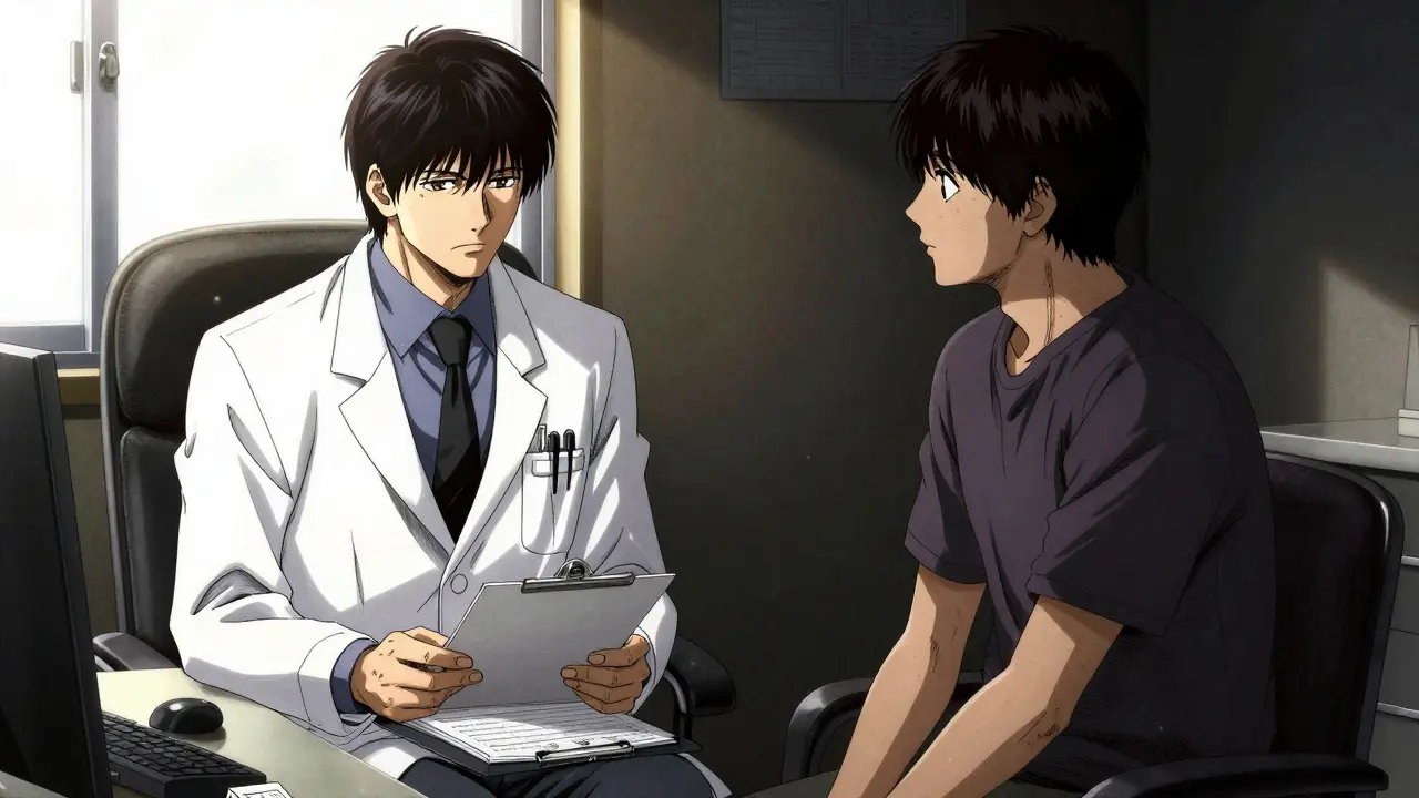 Doctor and patient discussing prescription seriously