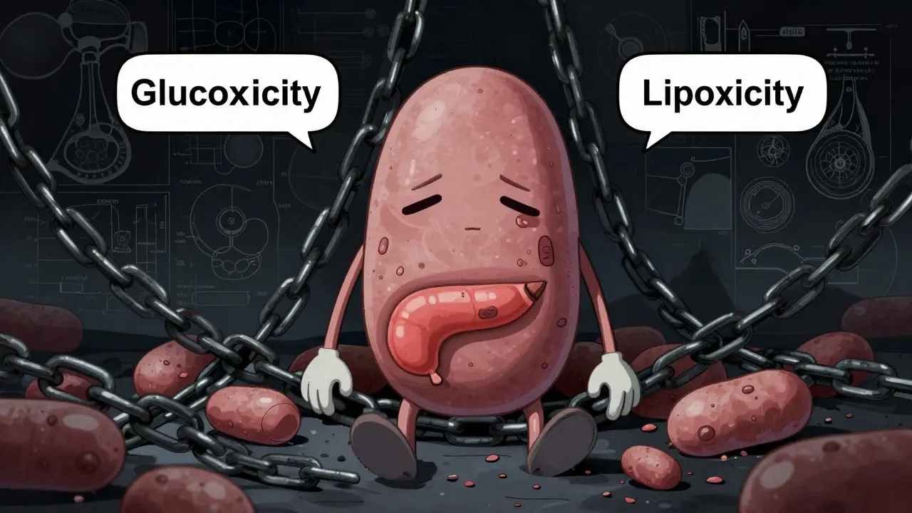 Exhausted beta cells crumbling under metabolic stress