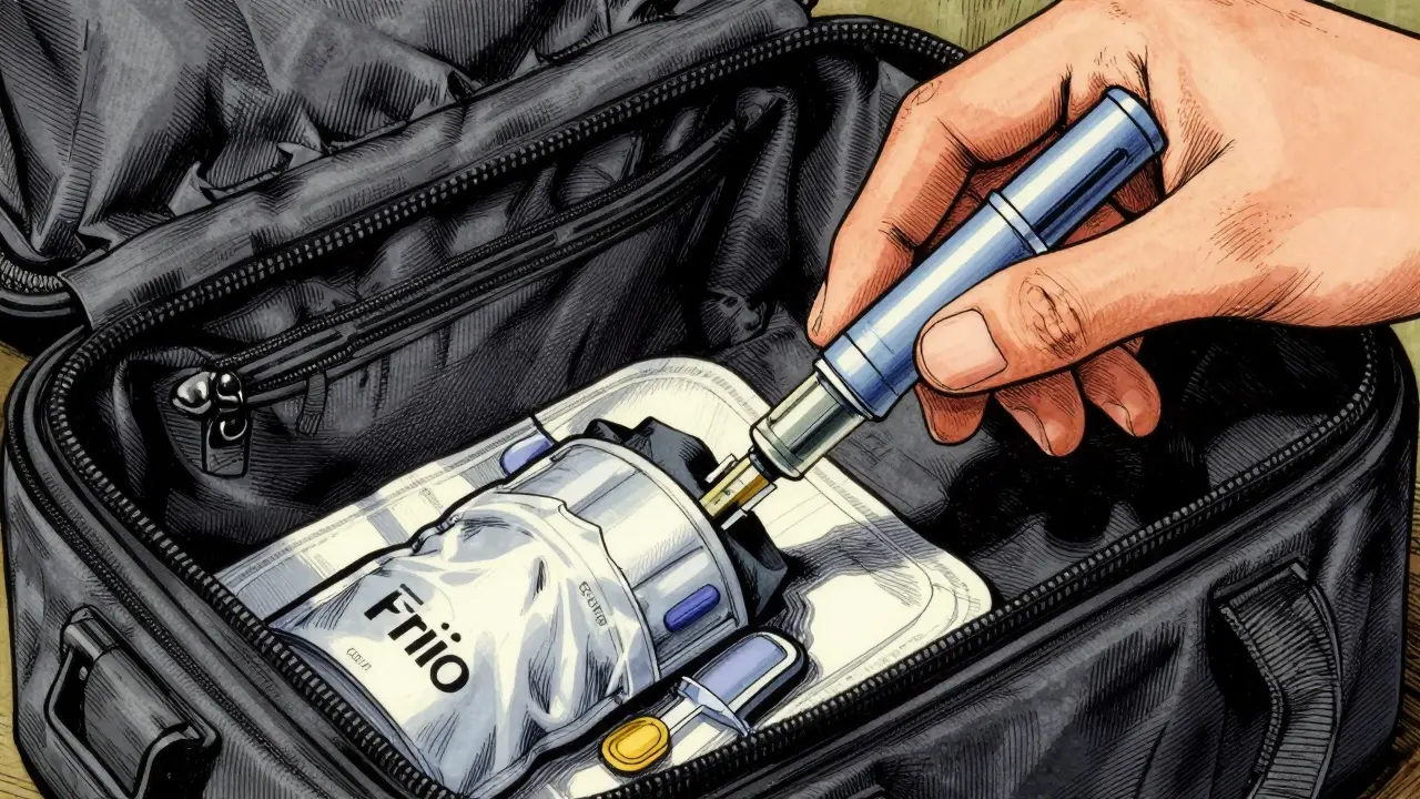 Hand placing insulin into cooling sleeve in carry-on bag